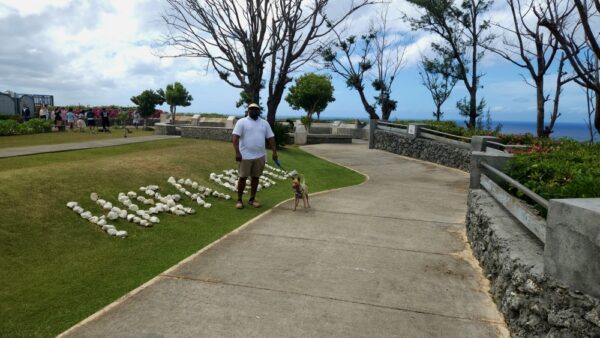 A man and his dog walking down the sidewalk