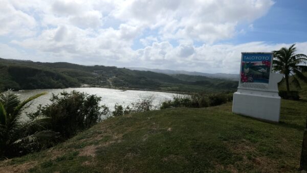 A view of the water from a hill.