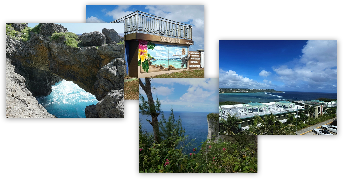 A collage of photos with the ocean in the background.